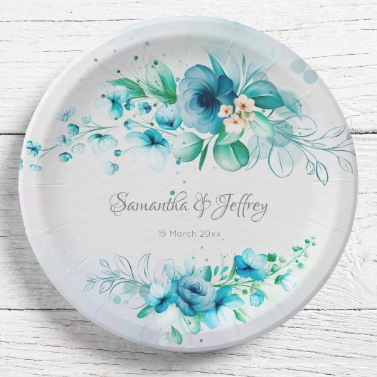 青いティール（緑がかった色）緑の花フローラ ペーパープレート