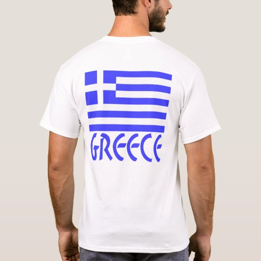 青いテキストの下にギリシャ語の国旗とギリシャの文字 Tシャツ (裏面)