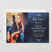 青いテクスチャ背景の卒業発表 案内状 (正面)