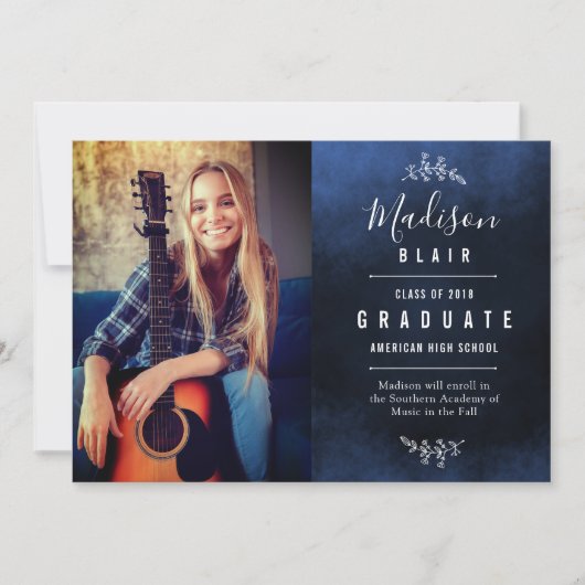 青いテクスチャ背景の卒業発表 案内状 (正面)