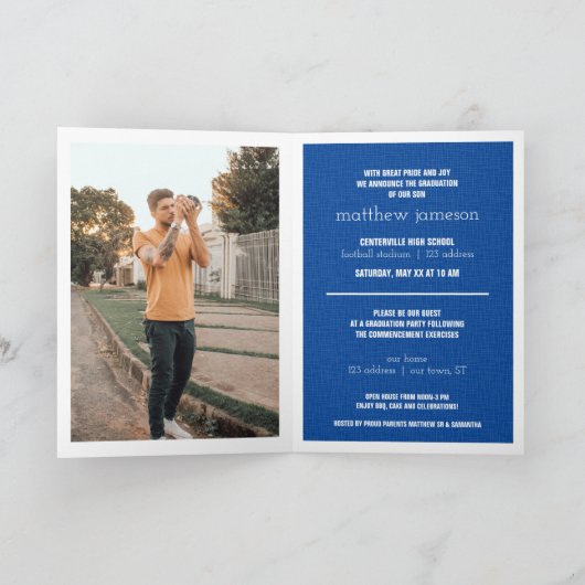 青いテクス王室のチャモダンーの写真の卒業 招待状 (内部)