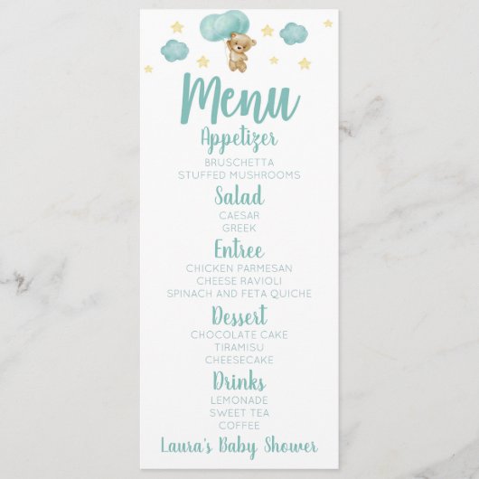 青いテディベアとバルーン赤ちゃんシャワー食品 メニュー (正面)