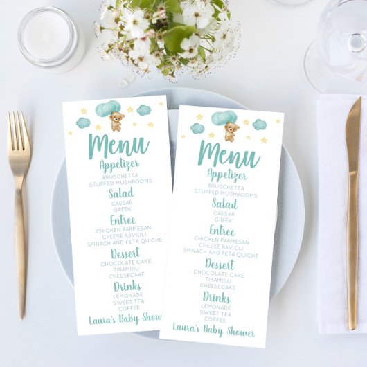 青いテディベアとバルーン赤ちゃんシャワー食品 メニュー