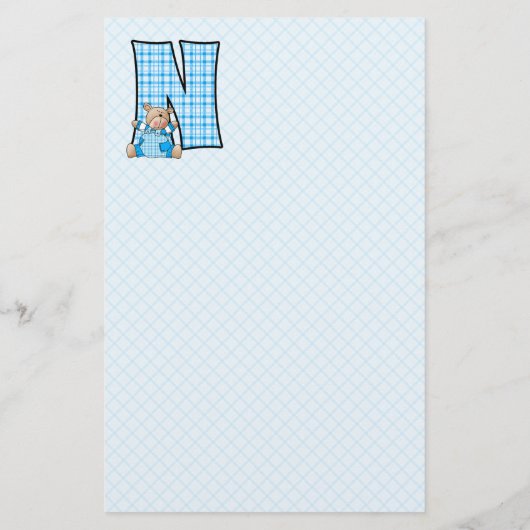 青いテディベアと文字N格子付き 便箋 (裏面)