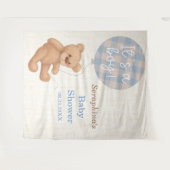 青いテディベアのベイビーシャワーの背景 タペストリー (正面(横))