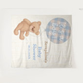 青いテディベアのベビーシャワー背景 タペストリー (正面(横))