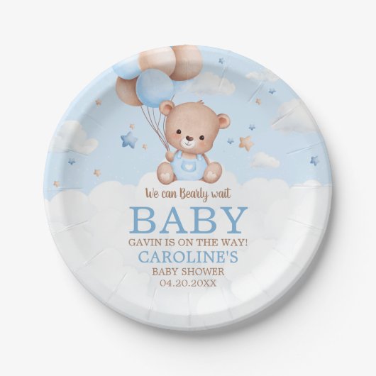 青いテディベアの雲バルーン ベビーシャワー ペーパープレート (正面)