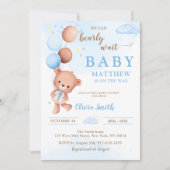 青いテディベアの風船 男の子ベビーシャワー 招待状 (正面)