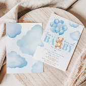 青いテディベアバルーンの途中で可愛いベビー 招待状
