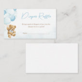 青いテディベアバルーン赤ちゃんシャワーおむつラッフル エンクロージャーカード (正面/裏面)