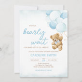 青いテディベアバルーン赤ちゃんシャワー 招待状 (正面)