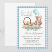 青いテディベア風船ピクニック1歳誕生日 招待状 (正面/裏面)