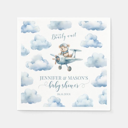 青いテディベア飛行機男の赤ちゃんシャワー スタンダードカクテルナプキン (正面)