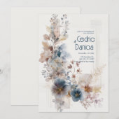 青いテラコッタ 水彩 ゴールド 花 モダン ウェディング 招待状 (正面/裏面)