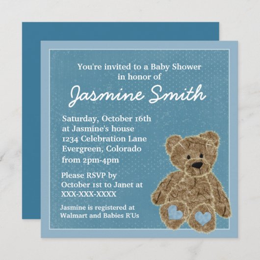 青いテーマのテディー・ベアのベビーシャワー招待状 招待状 (正面/裏面)