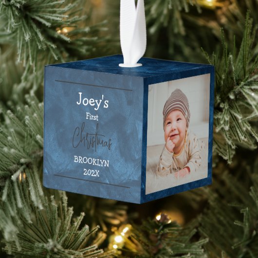 青いテーマベビー初めてのクリスマス3写真 キューブオーナメント (ツリー)