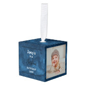 青いテーマベビー初めてのクリスマス3写真 キューブオーナメント (正面アングル)