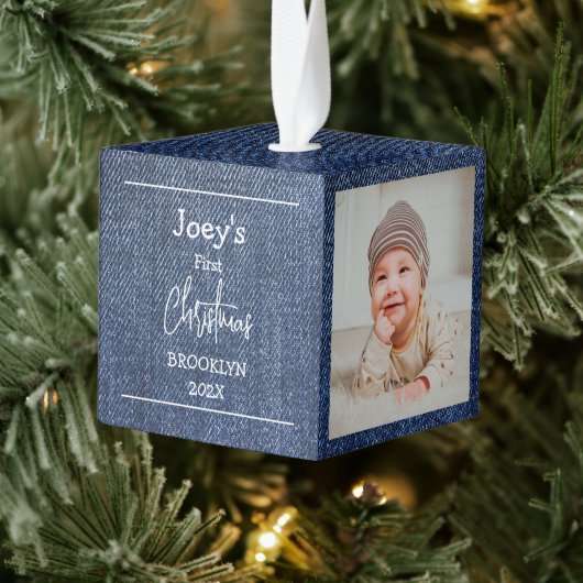 青いテーマ.ベビー初めてのクリスマス3枚の写真 キューブオーナメント (ツリー)