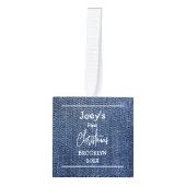 青いテーマ.ベビー初めてのクリスマス3枚の写真 キューブオーナメント (正面)