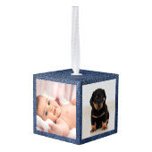 青いテーマ.ベビー初めてのクリスマス3枚の写真 キューブオーナメント (裏面アングル)