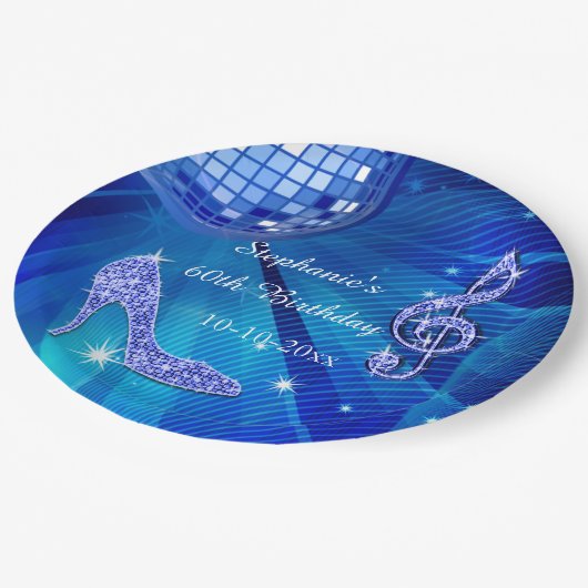 青いディスコの球およびかかとの第60誕生日 ペーパープレート (アングル)