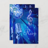 青いディスコの球及びレトロのマイクロフォンRSVP 出欠カード (正面/裏面)