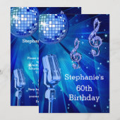 青いディスコボールとレトロマイクの60歳の誕生日 招待状 (正面/裏面)