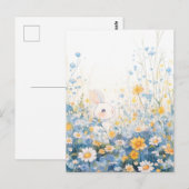 青いデイジーの草原に佇む白うさぎ ポストカード (正面/裏面)