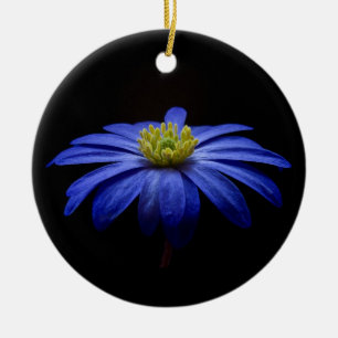 青いデイジーガーベラの花と黒い背景 セラミックオーナメント