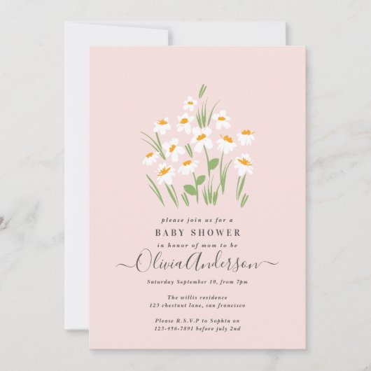 青いデイジーフローラエレガントの美しいベビーシャワー 招待状 (正面)