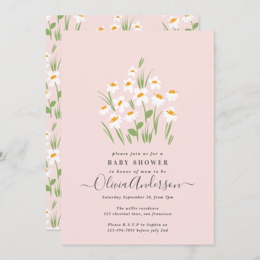 青いデイジーフローラエレガントの美しいベビーシャワー 招待状 (正面/裏面)