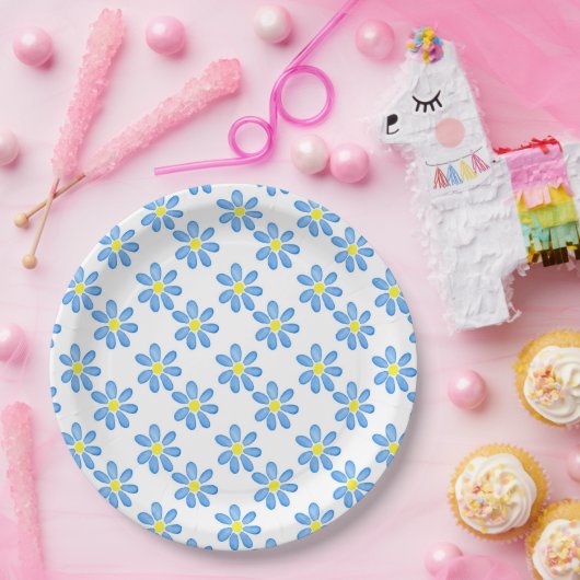 青いデイジー水彩模様2 ペーパープレート (パーティー)