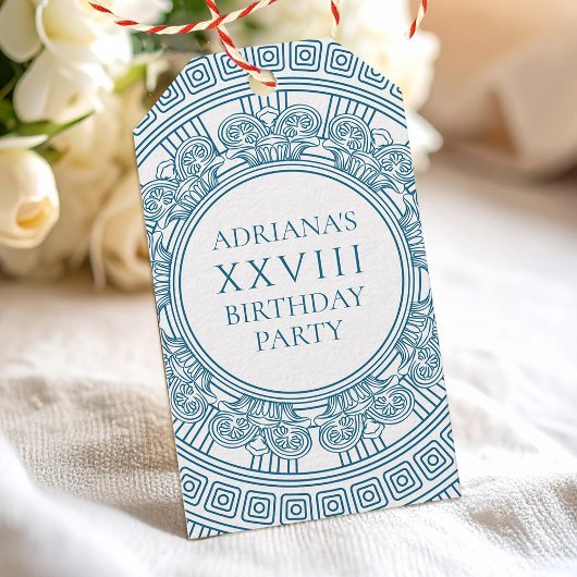 青いデザインのギリシャ風バースデートーガパーティー ギフトタグ
