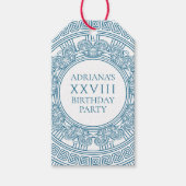 青いデザインのギリシャ風バースデートーガパーティー ギフトタグ (正面)