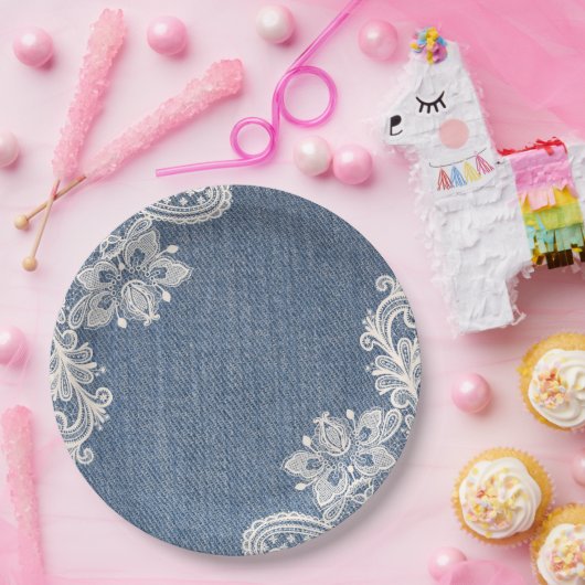 青いデニムおよび白いレースのぼろぼろのシックな紙皿 ペーパープレート (パーティー)