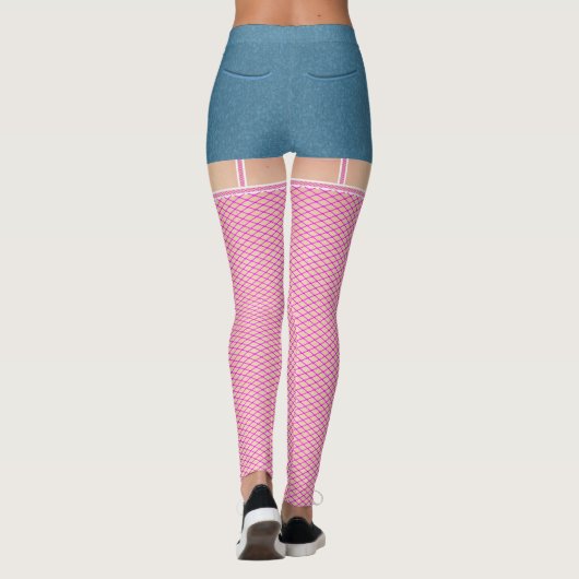 青いデニムの短パンとピンクの熱い魚網 レギンス (裏面)