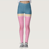 青いデニムの短パンとピンクの熱い魚網 レギンス (正面)