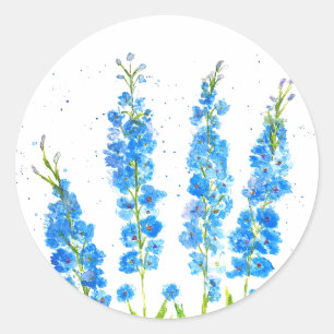 青いデルフィニウムの花の水彩画 エレガントなルースドスタイル ラウンドシール
