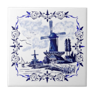 青いデルフトの風車場面カスタムのタイル タイル