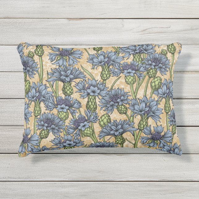 青いトウモロコシの花、花はホニー黄色 アウトドアクッション (正面)