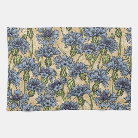 青いトウモロコシの花、花はホニー黄色 キッチンタオル (横)