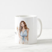 青いトップスで乾杯する女性 コーヒーマグカップ (正面右)