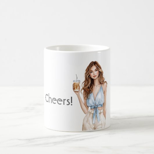 青いトップスで乾杯する女性 コーヒーマグカップ (中央)
