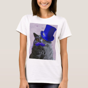 青いトップハットと口ひげのある灰色の猫 Tシャツ