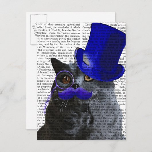 青いトップハットと青い口ひげの灰色の猫 ポストカード (正面/裏面)