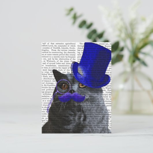 青いトップハットと青い口ひげの灰色の猫 ポストカード (スタンド正面)