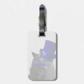 青いトップハットと青い口ひげの灰色の猫 ラゲッジタグ (裏面縦)