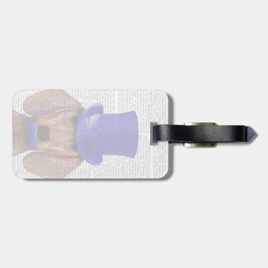 青いトップハットと青い口ひげ付きダシュント ラゲッジタグ (裏面横)