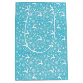 青いトナカイ模様メリークリスマススノーフレーク ミディアムペーパーバッグ (正面)