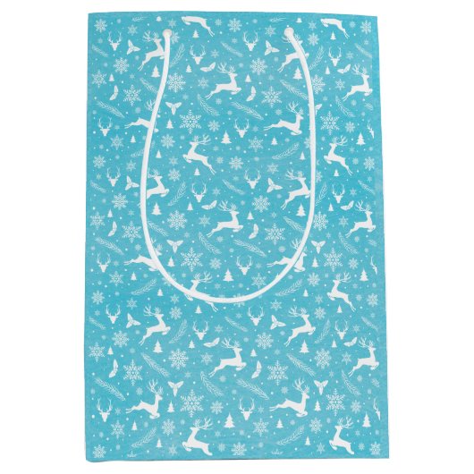 青いトナカイ模様メリークリスマススノーフレーク ミディアムペーパーバッグ (正面)